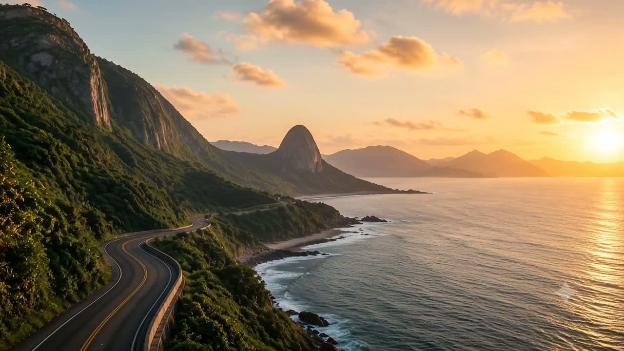 Estrada litorânea entre montanhas verdes e o mar ao pôr do sol